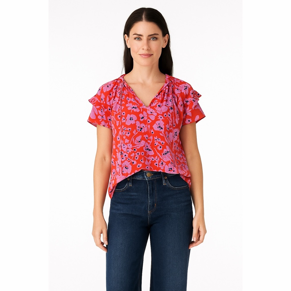 Caballero | Vibrant Wine Cup Flower Retro Floral Lightweight Kelsie Top Blouse